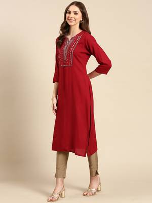 women's calf length scoop neck maroon embellished straight kurta 4