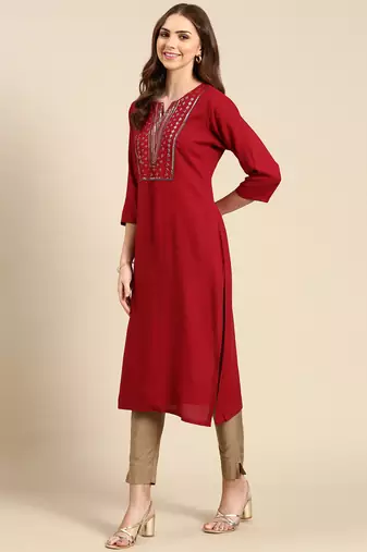 women's calf length scoop neck maroon embellished straight kurta