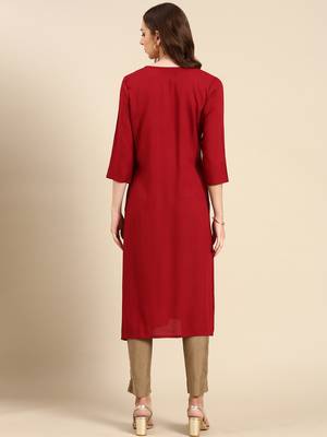 women's calf length scoop neck maroon embellished straight kurta 5