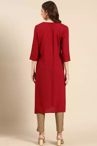 women's calf length scoop neck maroon embellished straight kurta