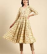 women's calf length scoop neck cream ethnic motifs anarkali kurta