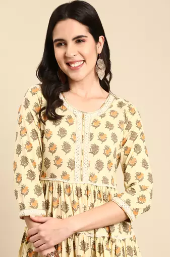 women's calf length scoop neck cream ethnic motifs anarkali kurta