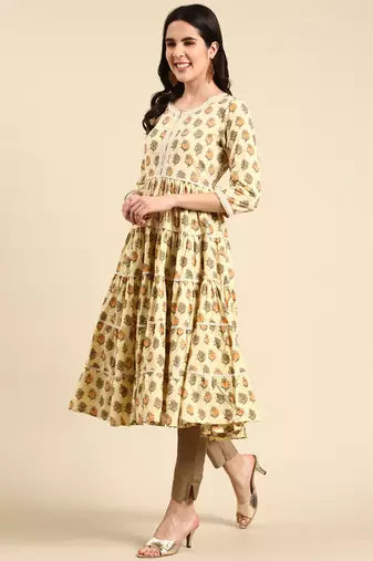 women's calf length scoop neck cream ethnic motifs anarkali kurta
