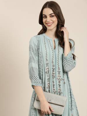 women's calf length mandarin collar blue floral a-line kurta 1