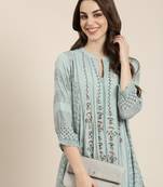 women's calf length mandarin collar blue floral a-line kurta
