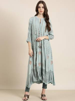 women's calf length mandarin collar blue floral a-line kurta 2