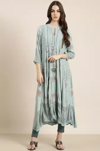 women's calf length mandarin collar blue floral a-line kurta