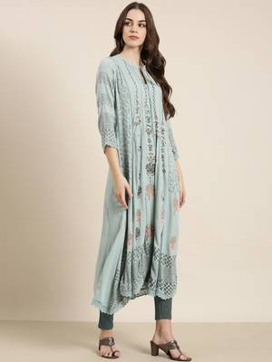 women's calf length mandarin collar blue floral a-line kurta 3