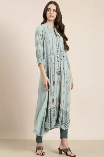 women's calf length mandarin collar blue floral a-line kurta