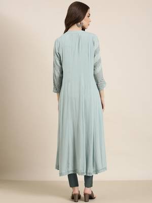 women's calf length mandarin collar blue floral a-line kurta 4