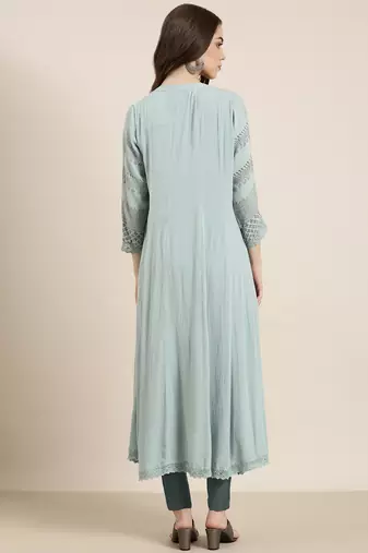 women's calf length mandarin collar blue floral a-line kurta