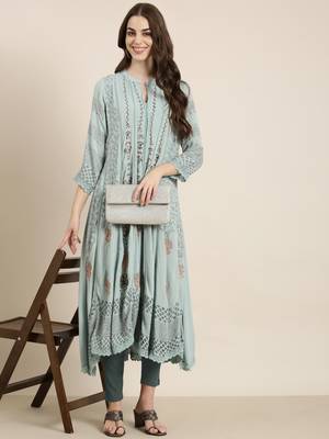 women's calf length mandarin collar blue floral a-line kurta 5