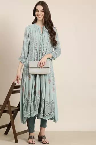 women's calf length mandarin collar blue floral a-line kurta