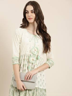 women's ankle length round neck cream paisley anarkali kurta 1