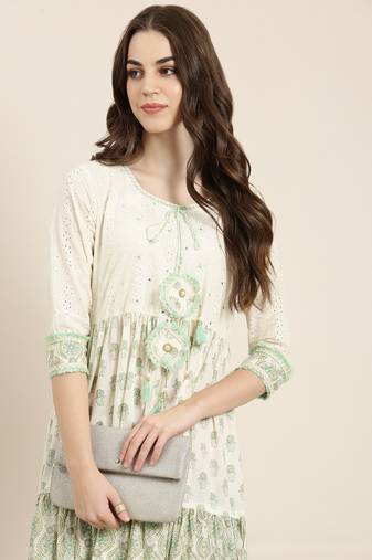 women's ankle length round neck cream paisley anarkali kurta