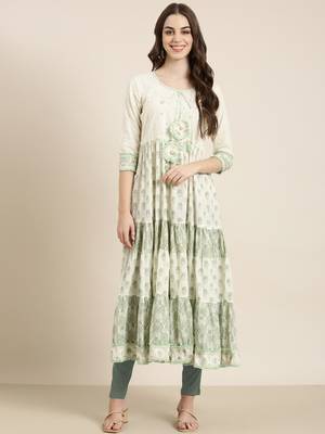 women's ankle length round neck cream paisley anarkali kurta 2