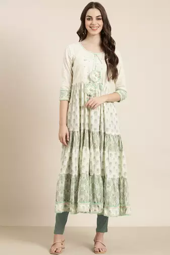 women's ankle length round neck cream paisley anarkali kurta