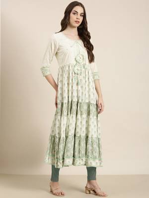 women's ankle length round neck cream paisley anarkali kurta 3
