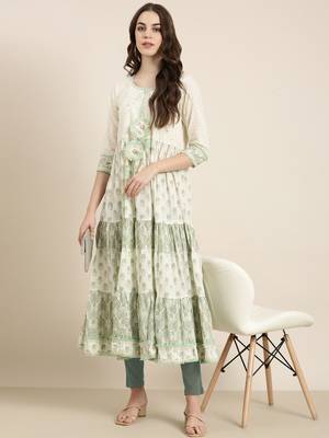 women's ankle length round neck cream paisley anarkali kurta 5