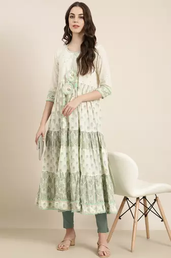 women's ankle length round neck cream paisley anarkali kurta