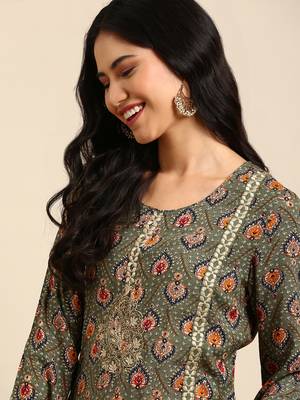 women's ankle length round neck olive ethnic motifs anarkali kurta 1