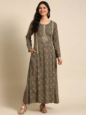 women's ankle length round neck olive ethnic motifs anarkali kurta 3