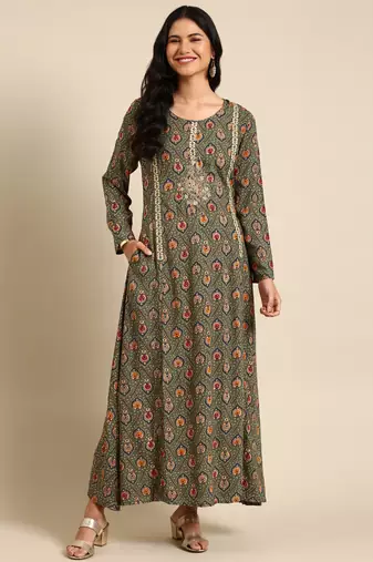 women's ankle length round neck olive ethnic motifs anarkali kurta