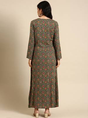 women's ankle length round neck olive ethnic motifs anarkali kurta 4