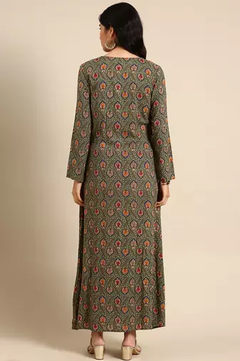 women's ankle length round neck olive ethnic motifs anarkali kurta