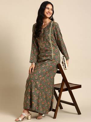 women's ankle length round neck olive ethnic motifs anarkali kurta 5