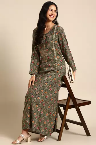 women's ankle length round neck olive ethnic motifs anarkali kurta