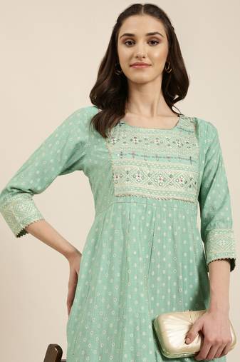 women's ankle length round neck green floral anarkali kurta