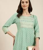women's ankle length round neck green floral anarkali kurta