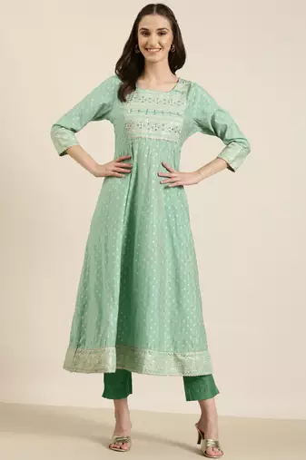 women's ankle length round neck green floral anarkali kurta