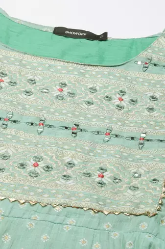 women's ankle length round neck green floral anarkali kurta