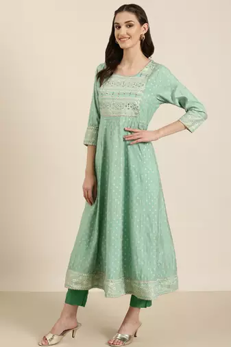women's ankle length round neck green floral anarkali kurta