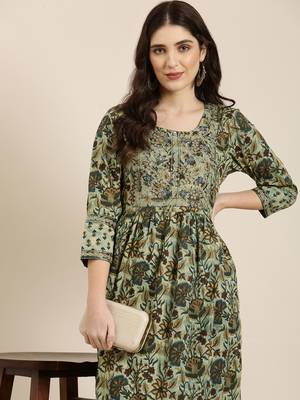 women's calf length round neck teal floral a-line kurta 1