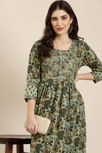 women's calf length round neck teal floral a-line kurta