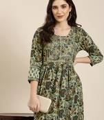 women's calf length round neck teal floral a-line kurta