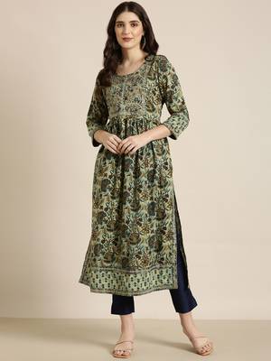 women's calf length round neck teal floral a-line kurta 2