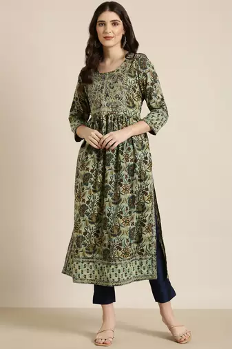 women's calf length round neck teal floral a-line kurta