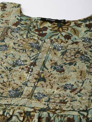 women's calf length round neck teal floral a-line kurta 3