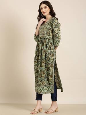 women's calf length round neck teal floral a-line kurta 4