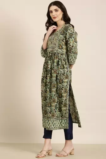 women's calf length round neck teal floral a-line kurta