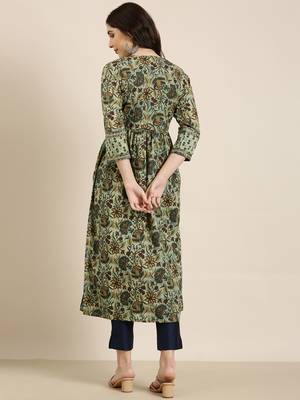 women's calf length round neck teal floral a-line kurta 5