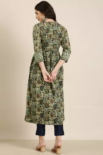 women's calf length round neck teal floral a-line kurta