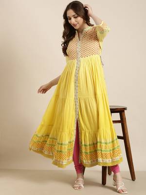 women's ankle length round neck yellow floral anarkali kurta 1