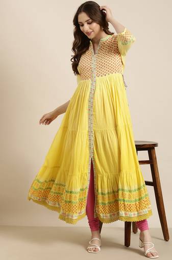 women's ankle length round neck yellow floral anarkali kurta