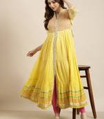 women's ankle length round neck yellow floral anarkali kurta