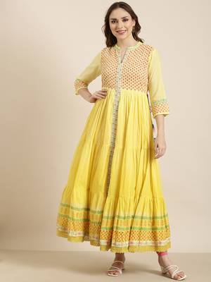 women's ankle length round neck yellow floral anarkali kurta 2